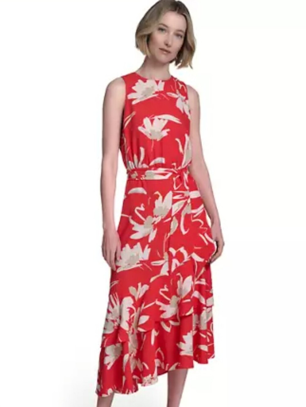 Halston NWT Size 12 Coral Floral Belted High Low Midi Dress $138 Cocktail